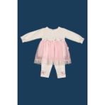 Bumefa Kız Bebek Fisto Dantelli Elbise-Taytlı ve Çiçek Motif Detaylı Bebek Elbisesi - 9 - 12 Ay - Beyaz - Pembe