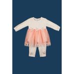 Bumefa Kız Bebek Fisto Dantelli Elbise-Taytlı ve Çiçek Motif Detaylı Bebek Elbisesi - 9 Ay - Beyaz - Somon