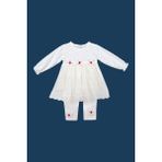 Bumefa Kız Bebek Fisto Dantelli Elbise-Taytlı ve Çiçek Motif Detaylı Bebek Elbisesi - 9 Ay - Beyaz