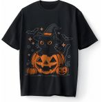 Bumeta Halloween Kedi Bal Kabağı Pumpkin Oversize Unisex Tişört T-Shirt - Siyah