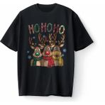 Bumeta Ho Ho Ho Noel Geyiği Yılbaşı Oversize Unisex Tişört T-Shirt - Siyah - 2XL