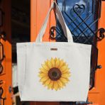 Bumudur Aksesuar Günebakan Çiçeği Deseni Sunflower Design Baskılıı Naturel Kanvas Bez Çanta Sap Beyaz Cırt Cırtlı Suluk Tutuculu - Büyük - Büyük Baskı - 130-Krem Rengi