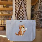Bumudur Aksesuar Sevimli Turuncu Kedi Oyun Zamanı Cute Orange Cat Baskılı Naturel Kanvas Bez Çanta Açık Kahve Sap Beyaz Cırt Cırtlı Suluk Tutuculu - Büyük - Büyük Baskı - 130-Krem Rengi
