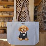 Bumudur Aksesuar Şık Tuxedo ile Gülümseyen Yavru Köpek Baskılı Naturel Kanvas Bez Çanta Açık Kahve Sap Beyaz Cırt Cırtlı Suluk Tutuculu - Büyük - Büyük Baskı - 130-Krem Rengi