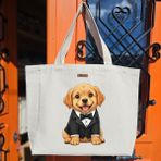 Bumudur Aksesuar Şık Tuxedo ile Gülümseyen Yavru Köpek Baskılı Naturel Kanvas Bez Çanta Sap Beyaz Cırt Cırtlı Suluk Tutuculu - Büyük - Büyük Baskı - 130-Krem Rengi