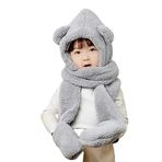 Bundera Babykid Çocuk Kapşonlu Peluş Bere Atkı Eldiven Welsoft Boyunluk Rüzgar Geçirmez Kulaklı Şapka (7-10 Yaş, Gri)
