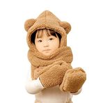 Bundera Babykid Çocuk Kapşonlu Peluş Bere Atkı Eldiven Welsoft Boyunluk Rüzgar Geçirmez Kulaklı Şapka (7-10 Yaş, Kahve)
