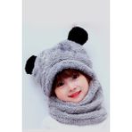 Bundera Panda Çocuk Kapşonlu Peluş Bere Atkı Welsoft Boyunluk Rüzgar Geçirmez Kulaklı Şapka (2-3 Yaş, Gri)