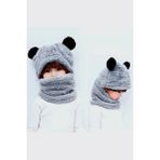 Bundera Panda Çocuk Kapşonlu Peluş Bere Atkı Welsoft Boyunluk Rüzgar Geçirmez Kulaklı Şapka (3-6 Yaş, Gri)