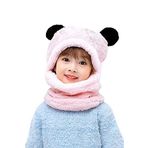 Bundera Panda Çocuk Kapşonlu Peluş Bere Atkı Welsoft Boyunluk Rüzgar Geçirmez Kulaklı Şapka (3-6 Yaş, Pembe)