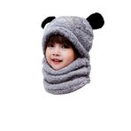 Bundera Panda Çocuk Kapşonlu Peluş Bere Atkı Welsoft Boyunluk Rüzgar Geçirmez Kulaklı Şapka (7-10 Yaş, Gri)