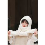Bundera Scarf Beyaz Kapşonlu Kadın Peluş Bere Atkı Kadın Welsoft Polar Boyunluk Şalı Rüzgar Geçirmez Şapka İLKSCARF01