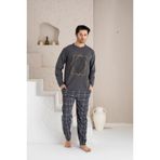 Buniş Sipariş Center Erkek Füme Uzun Kol Sıfır Yaka Pamuklu Ekose Desenli Pijama Takımı