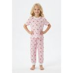 Bunny Hopp Kiraz Desenli Çizgili Kısa Kollu Kız Çocuk Pijama Takımı - %100 Pamuklu Pembe Uyku Seti - Pembe-PN648 - 8 - 9 Yaş