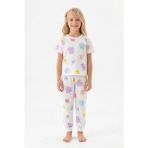 Bunny Hopp Renkli Çiçek Desenli Kısa Kollu Kız Çocuk Pijama Takımı - %100 Pamuklu Beyaz Takım - 5 - 6 Yaş