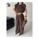 buqre's moda Kadın Trend Kemerli Pantolon Vatkalı Crop Bluz Salaş Takım