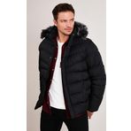 Buratti 5761080 B Siyah Slim Fit Suni Kürklü Peluş Astarlı Çıkarılabilir Kapüşonlu Şişme Erkek Mont