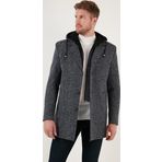 Buratti Çıkarılabilir Kapüşonlu Kırçıllı Slim Fit Kaşe Erkek Kaban 5841013 Lacivert Noktalı