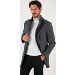 Buratti Düğmeli Dik Yaka Kırçıllı Slim Fit Kaşe Erkek Kaban 5841016 Lacivert Noktalı