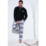 Buratti Ekoseli Regular Fit Düğmeli Bisiklet Yaka Kışlık Polar Erkek Pijama Takımı 60961008 SİYAH