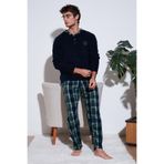 Buratti Erkek Pijama Takımı, Ekose Desen, Bisiklet Yaka, Uzun Kol, Lacivert, M Beden