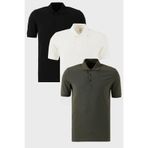 BURATTI Erkek Polo Yaka T-Shirt, 3'lü Paket, Regular Fit, Kısa Kol, Siyah-Beyaz-Haki, XL