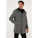 Buratti Erkek Slim Fit Kapüşonlu Kaşe Kaban, Siyah, L Beden