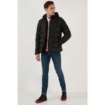 Buratti Erkek Slim Fit Kapüşonlu Şişme Mont, Peluş Astarlı, Fermuarlı, Siyah, XL
