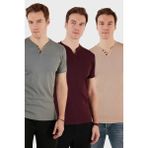 Buratti Pamuklu Düğme Detaylı Slim Fit V Yaka 3'lü Paket T Shirt Erkek T Shirt 5902122S3 - Bordo - Taş