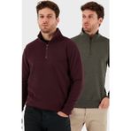 Buratti Pamuklu Regular Fit Yarım Fermuarlı Dik Yaka 2'li Paket Erkek Kazak 456112S2 Haki-Mürdüm