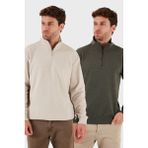 Buratti Pamuklu Regular Fit Yarım Fermuarlı Dik Yaka 2'li Paket Kazak Erkek Kazak 456112S2 - Bej - Haki - 2XL