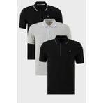Buratti Pamuklu Slim Fit Şerit Detaylı Düğmeli Polo Yaka 3'lü Paket T Shirt Erkek T Shirt 5902118S3 - Gri Melanj - Siyah - XL