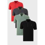 Buratti Pamuklu Slim Fit Şerit Detaylı Düğmeli Polo Yaka 4'Lü Paket Erkek T Shirt 5902118S4 Siyah-Kırmızı-Antrasit-Elma Yeşili-Beyaz