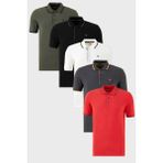 Buratti Pamuklu Slim Fit Şerit Detaylı Düğmeli Polo Yaka 5'li Paket T Shirt Erkek T Shirt 5902118S5 - XL - Siyah - Beyaz - Yeşil - Kırmızı