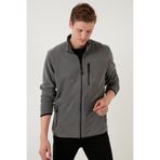 Buratti Slim Fit Erkek Polar Hırka, Dik Yaka, Fermuarlı, Cepli, Gri