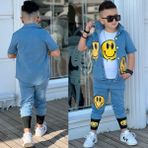 Burçak Butik Emoji Baskılı Kot Ceket Baskılı Kot Pantolon Baskılı Badi 3'lü Takım - 3 - 4 Yaş - Mavi - Beyaz