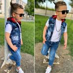 Burçak Butik Erkek Çocuk Kapüşonlu Kot Yelek / Kot Pantolon / Suprem Tişört 3'lü Takım - Bayramlık - Mavi - Beyaz - 4 - 5 Yaş
