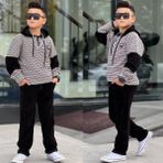 Burçak Butik Erkek Çocuk Kapüşonlü Sweatshirt - Kadife Pantolon Full Likra Kışlık Alt Üst 2'li Takım - Bayramlık - Siyah - Krem - 9 - 10 Yaş