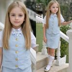 Burçak Butik Kız Çocuk Gömlek / Ceket / Etek / Alt Üst 3 Parça Takım - Bayramlık (Broş Hediye) - Mavi - 6 - 7 Yaş