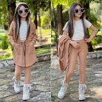 Burçak Butik Kız Çocuk Mevsimlik Kapüşonlu Hırka / Tayt / Badi Fitilli 3'lü Takım - Bayramlık - Kahverengi - Beyaz - 5 - 6 Yaş