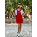 Burçak Butik Kız Çocuk Salopet Elbise Takım - 3 - 4 Yaş - Kırmızı - Beyaz
