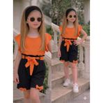 Burçak Butik Kız Çocuk Yazlık Müslin Şortlu Set | Bluz Bandana Kemer Tak-Çıkar Fiyonk Hediyeli Takım - 4 - 5 Yaş - Turuncu - Siyah