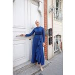 Burcu Tesettür BRC1109 İndigo Eteği Fırfırlı Kadın Abiye Elbise