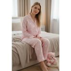 Burcumay Kadın Kalpli Desenli Süet Gömlek Yaka Uzun Kol Pembe Kışlık Pijama Takımı