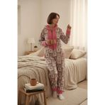 Burcumay Kadın Kapüşonlu Pembe Desenli Fermuarlı Kışlık Polar Pijama Tulum