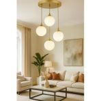 Burenze Modern Camlı Avize Beyaz Mat Glop Camlı Sarkıt Dörtlü Salon Avizesi Eskitme Gold