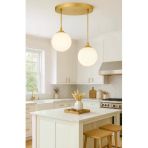 Burenze Modern Camlı Avize Beyaz Mat Glop Camlı Sarkıt İkili Salon Avizesi Eskitme Gold