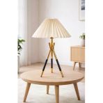 Burenze Monako Modern Tasarım Krem Kumaş Umbrella Pileli Başlıklı Abajur Gold Sarı Siyah Detay Masa Lambası