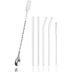 Burgulu Çatallı Bar Kaşığı 33 cm Kokteyl Karıştırma Kaşığı & Cam Pipet Seti - Gümüş