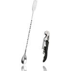 Burgulu Çatallı Bar Kaşığı 33 cm Kokteyl Karıştırma Kaşığı & Çok Fonksiyonlu Açacak Tirbuşon - Gümüş
